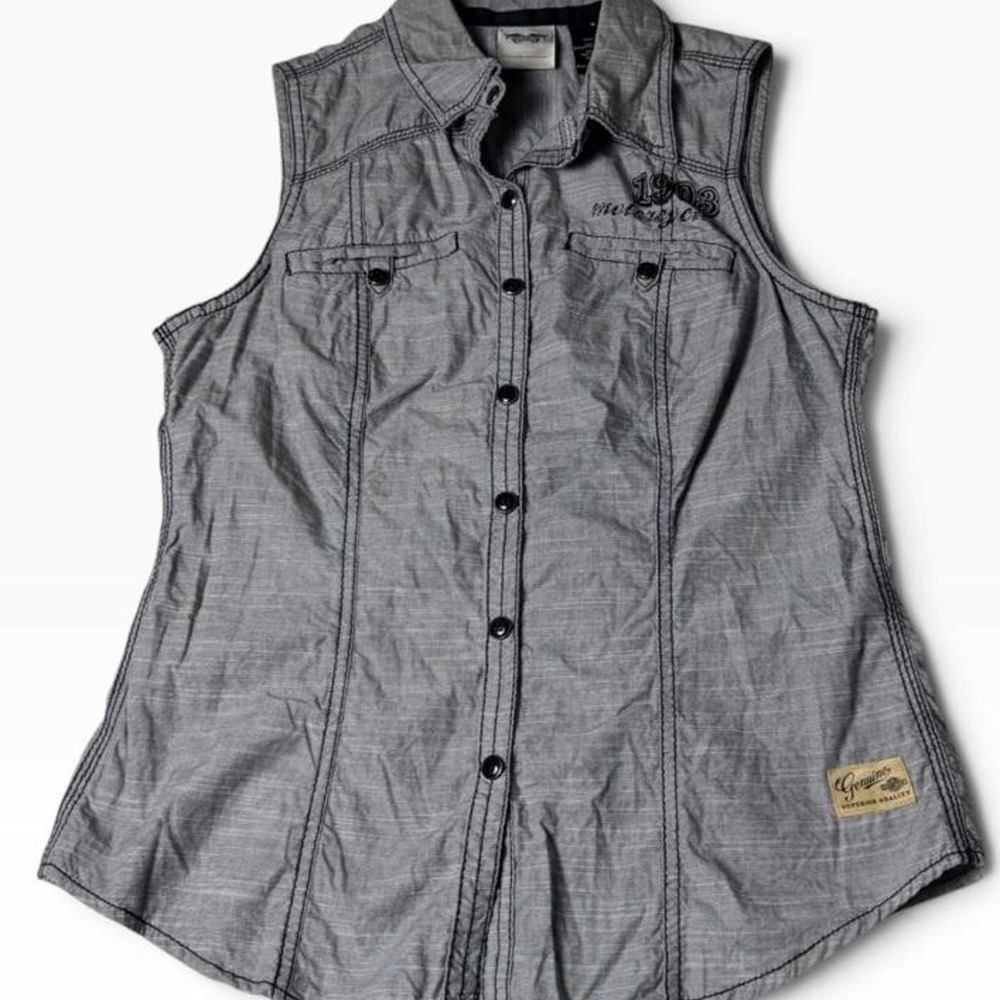 Harley Davidson Womens Gray Sleeveless Button Up Biker Shirt Logo Back Small